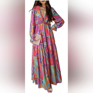 Maxi Tiered Long Sleeve Dress in Multicolor Swirl